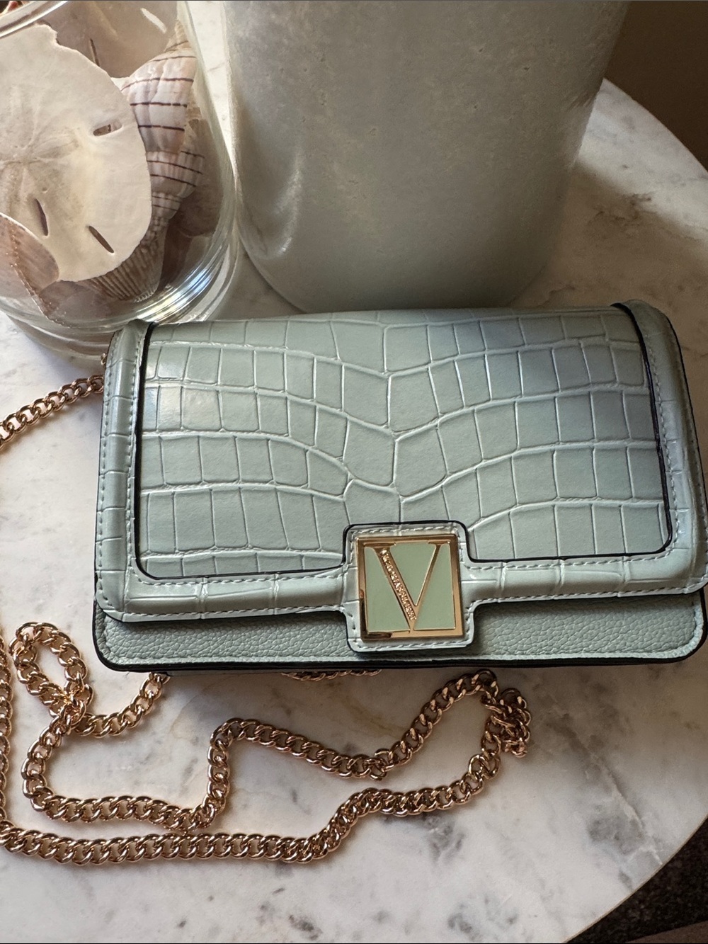 Victoria's Secret Mint Croc-Embossed V-Accent Crossbody with Gold Chain